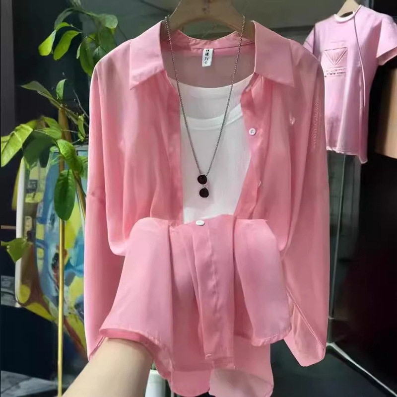 2024 Summer and Autumn New Korean Style Fashionable All-match Top Pearlescent Yarn Sunscreen Clothes Lantern Sleeve Mid-length Shirt for Women 2024 Summer and Autumn New Korean Style Fashionable All-match Top Pearlescent Yarn Sunscreen Clothes Lantern Sleeve Mid-length Shirt for Women