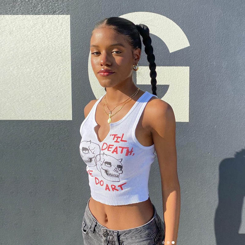 Cross-Border European and American New Summer Letter Skull Print White Short V Neck Slim I-Shaped Vest Top