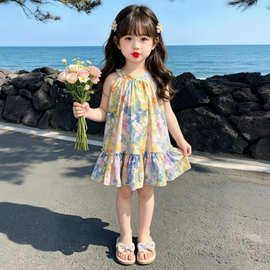 女童夏季棉布裙洋气碎花吊带裙2026新款儿童夏日薄款公主连衣裙。