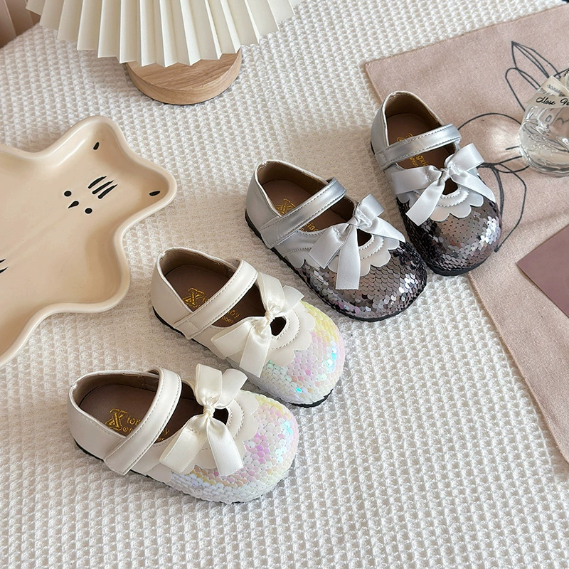 Лолита с блестками кожаные туфли для девочек Весна и Осень 2025 Новый детский бант Принцессы обувь балет стиль одиночные туфли для девочек