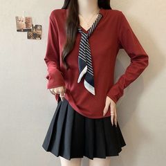 大码丝巾领正肩长袖T恤女春秋新款胖mm宽松显瘦百搭减龄外穿上衣