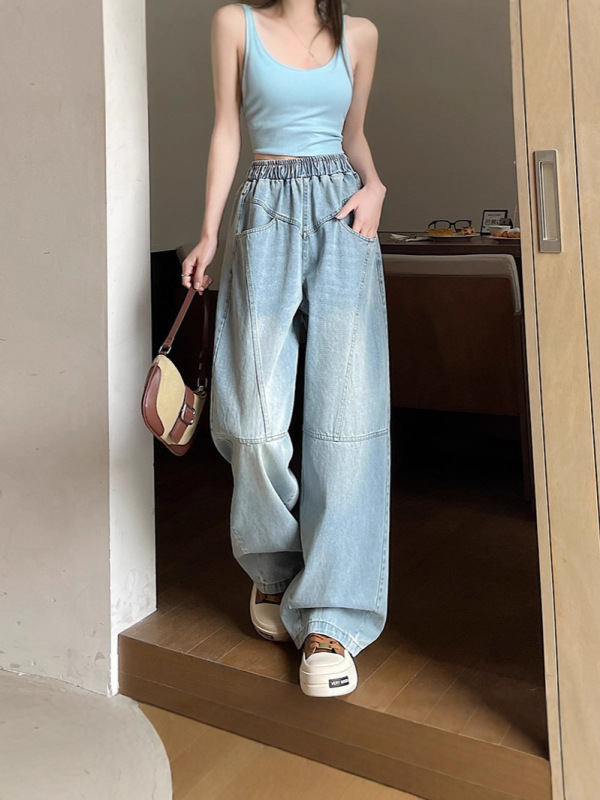 时尚阔腿牛仔裤女2025年春秋季新款阔腿高腰宽松显瘦弯刀直筒裤子|undefined