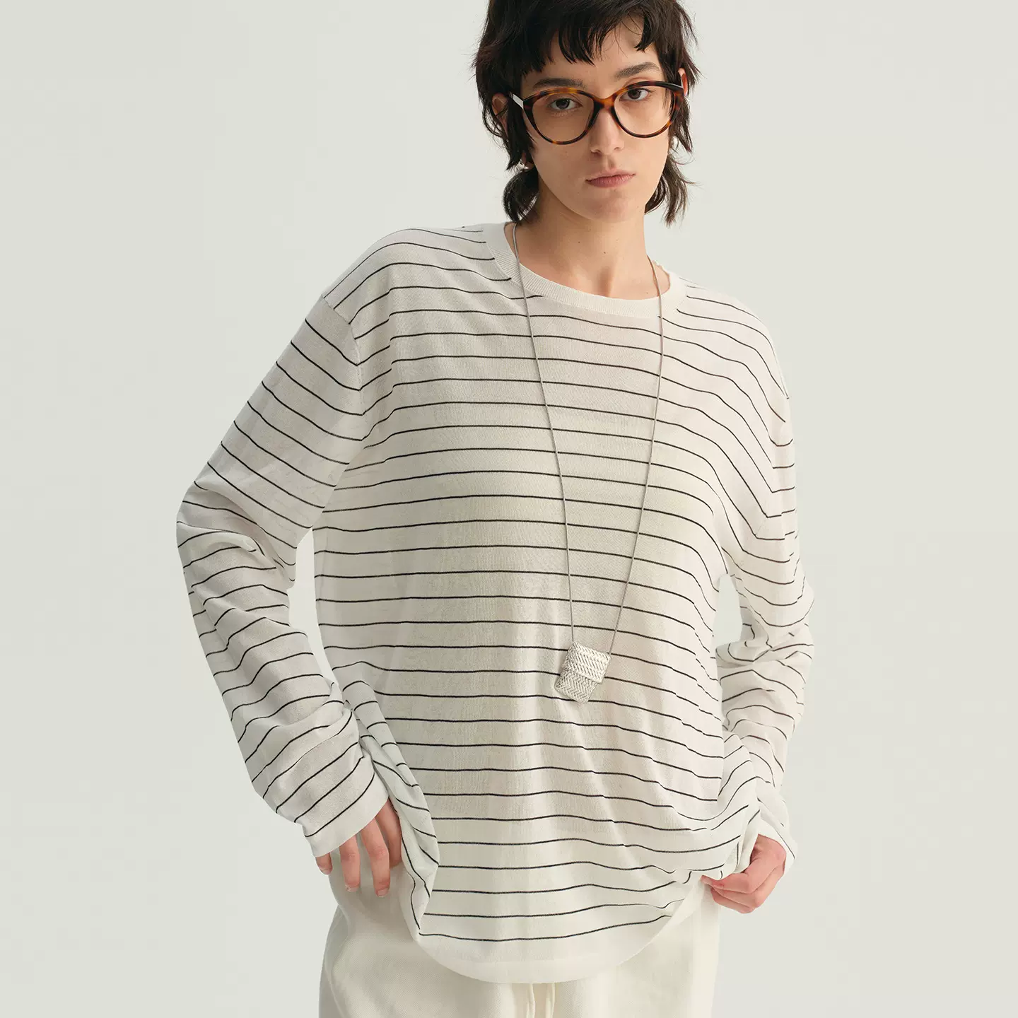 [本初]春夏轻薄三醋酸棉纱条纹针织衫女休闲宽松长袖打底罩衫t恤