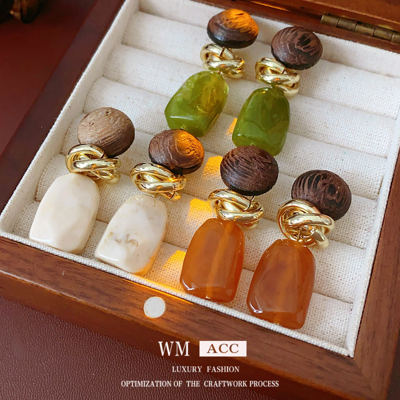 中古vintage木头树脂几何耳环复古美拉德百搭钉小众高级感夸张饰|undefined