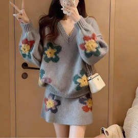 红色新年时尚针织半身裙套装女秋冬季宽松显瘦气质毛衣套装裙批发