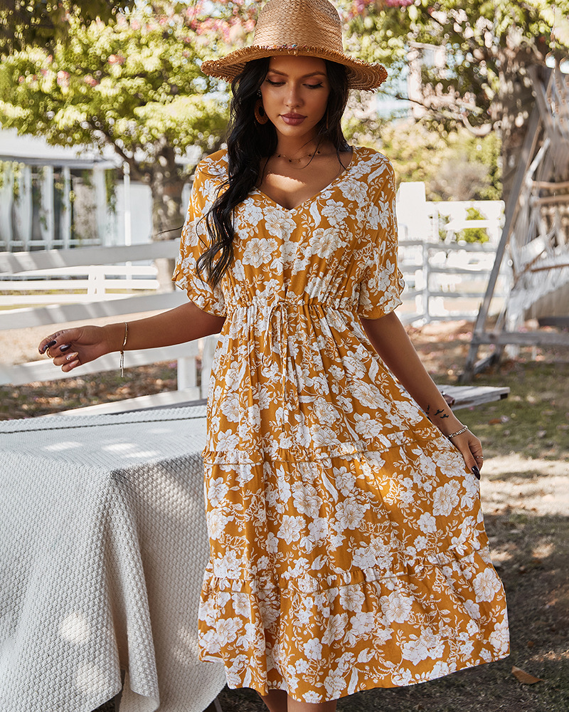 V-neck temperament mid-length printed dress NSKA37608