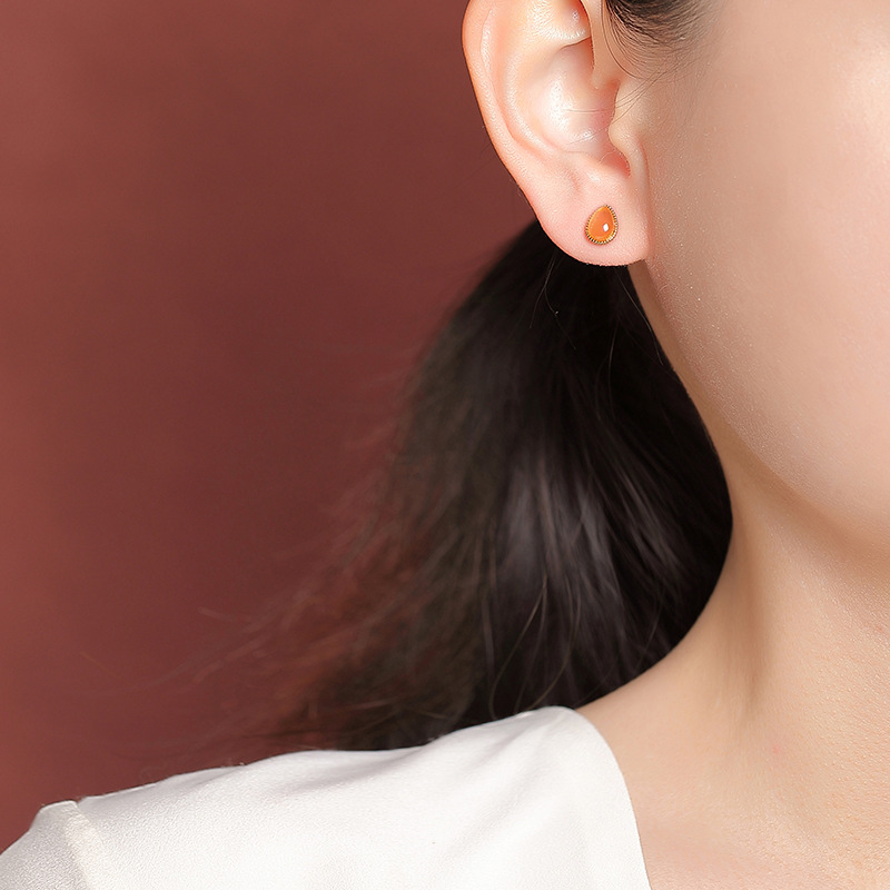 Bông tai stud bạc S925 mạ vàng đính đá mã não nước hồng — Cặp đôi