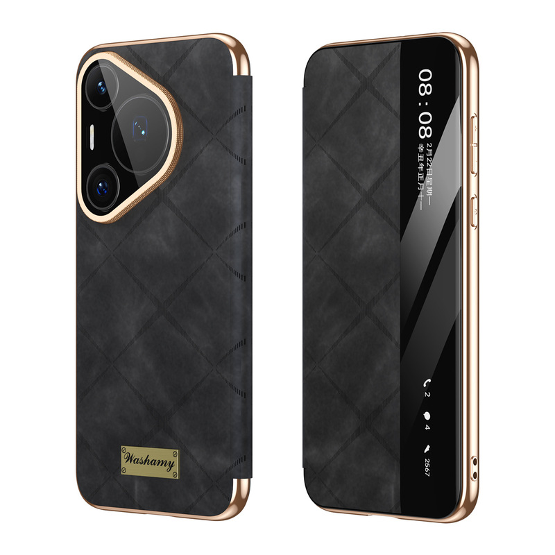 适用华为pura80pro手机壳羊巴皮p70pro+智能视窗磁吸翻盖皮套商务|undefined