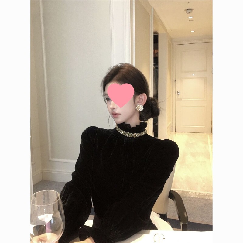 Autumn and Winter New French Splicing Elegant Velvet Stand Collar Sequin Slim Black Shirt Base Long Sleeve Top Trendy Autumn and Winter New French Splicing Elegant Velvet Stand Collar Sequin Slim Black Shirt Base Long Sleeve Top Trendy