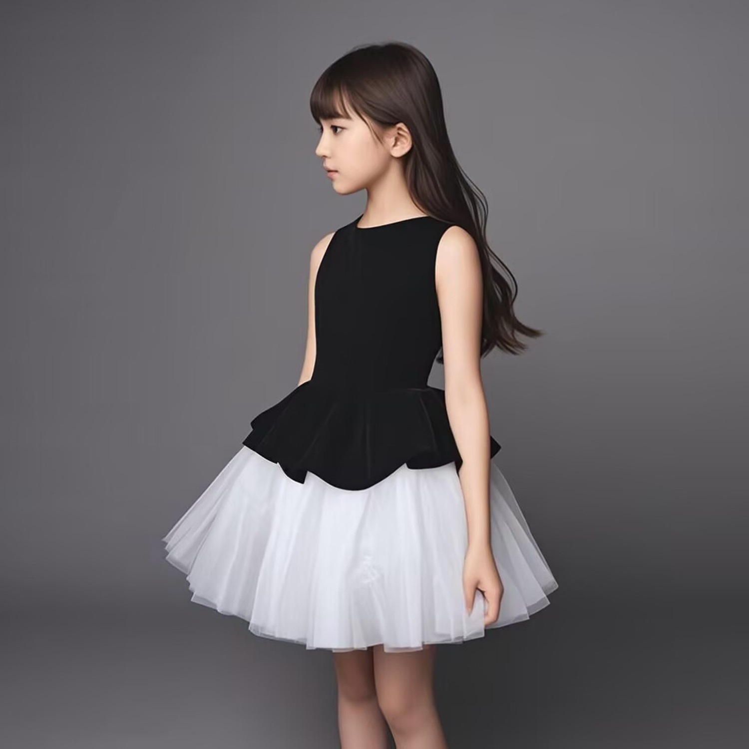 Elegant Black & White Sleeveless Dress For Girls - Princess-Style Party Gown For Birthday, Violin Recital, And Host Events_voghion.com