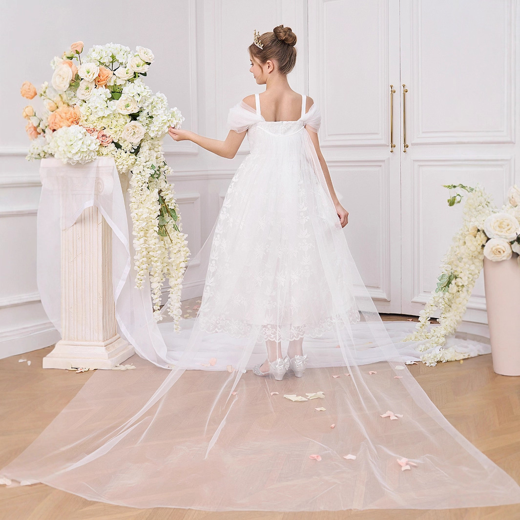 Vestido de novia blanco para niñas vestido de princesa hinchado vestido de noche de anfitrión pequeño de un hombro vestido de fiesta de piano de niña de las flores