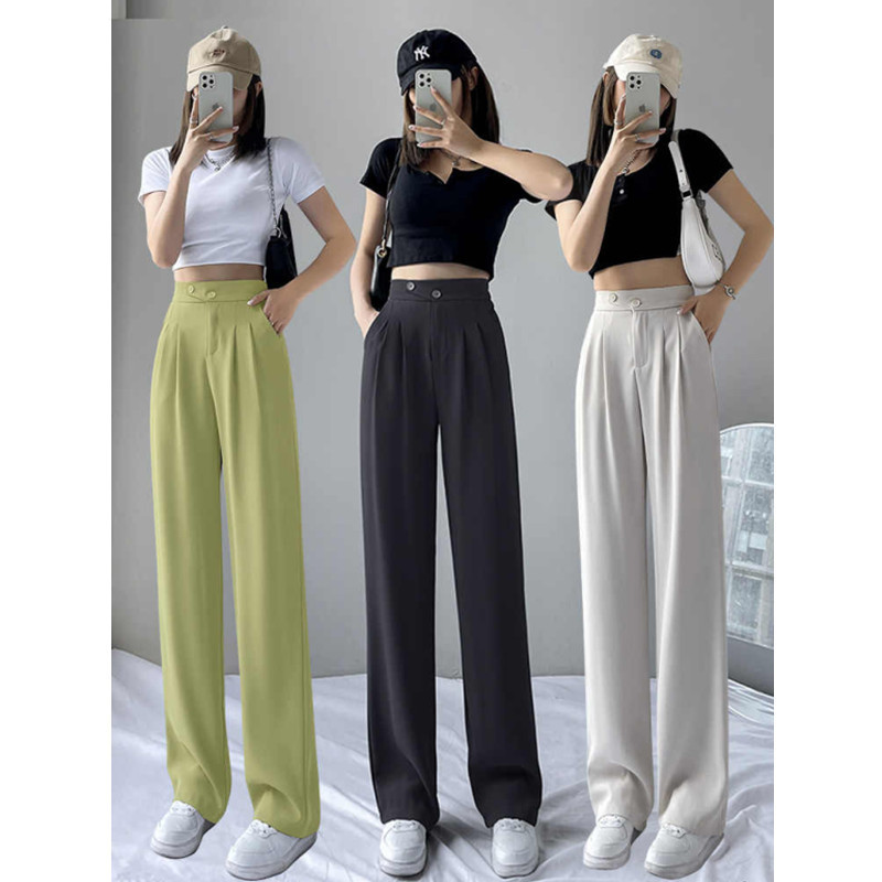 2026 Summer Thin Ice Silk Floor-Length Wide-Leg Pants for Women, Petite High-Waisted Suit Pants, Loose Casual Straight-Leg Women's Pants