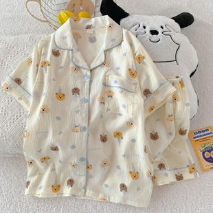 Factory Wholesale New Summer Pajamas for Women, Cloud Cotton Lapel Cardigan, Short-Sleeved Shorts, Sweet Girly Home Clothes