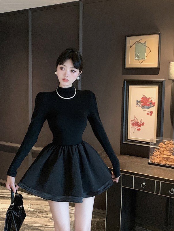 赫本风小黑裙半高领长袖裙子2025新款收腰内搭连衣裙女黑色蓬蓬裙|undefined