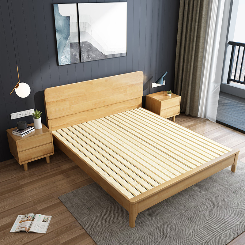 Wholesale Original Wood Color Double Bed Employee Dormitory Apartment Rental Room Solid Wood Rubber Wood Splicing Bed Nanfang Factory