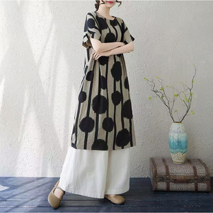 Real Shot of 2025 Summer Thin Cotton and Linen Artistic Retro Loose Short-Sleeved Fat mm Over-The-Knee Dress for Women