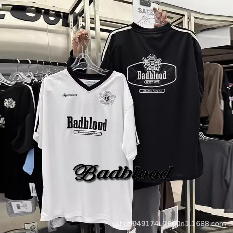 badbloood Loose T-shirt Women's V-neck Short-sleeved Jersey College Style American Embroidered Top Summer in stock