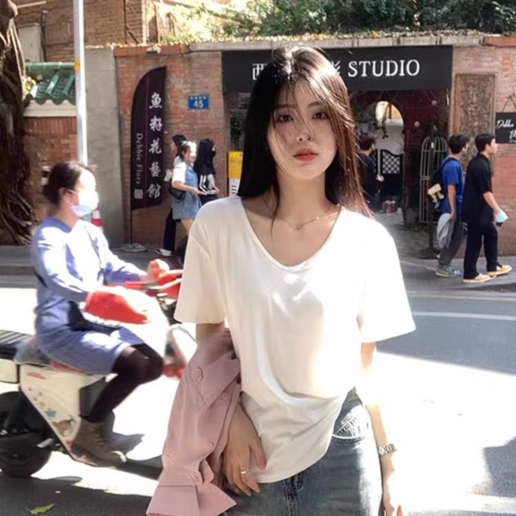 V-Neck T-Shirt for Women 2026 New Summer Style White Short-Sleeved Right-Shoulder Loose Lazy Style Slimming Low-Neck White Top