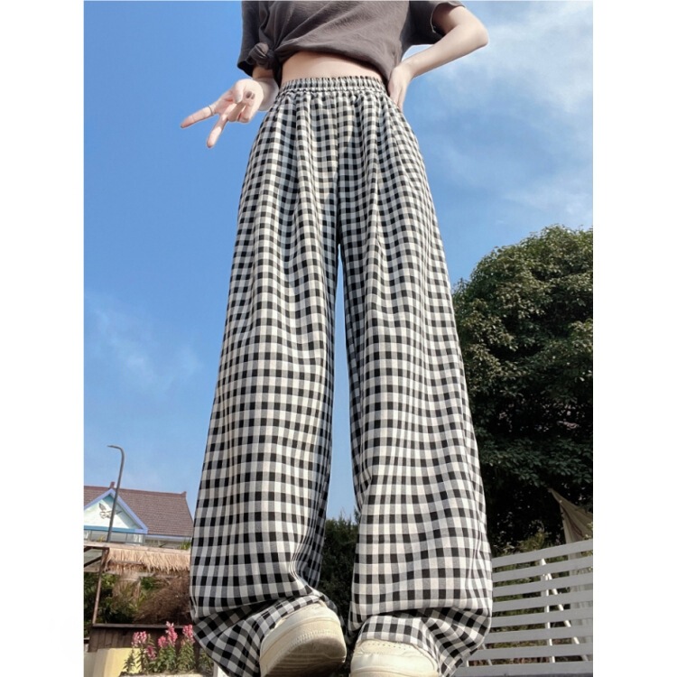 人気の赤いチェック柄パンツ女性の夏 2025 新しいハイウエストルーズ痩身カジュアルパンツドーパミンストレートワイドレッグパンツ|undefined
