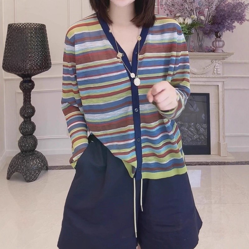 大码女装彩虹条纹V领拼接长袖针织衫女早秋新款胖MM显瘦宽松小衫|undefined