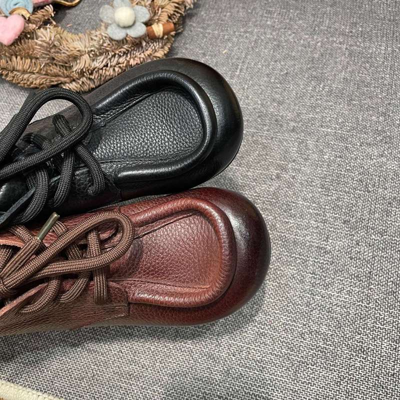 秋季上新复古森系单鞋休闲棉麻风短靴头层牛皮系带靴子妈妈鞋|undefined