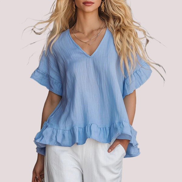 2026 European and American Cross-Border Spring and Summer New Style Elegant Ruffled V-Neck Shirt Fashionable Casual Short-Sleeved Top for Women