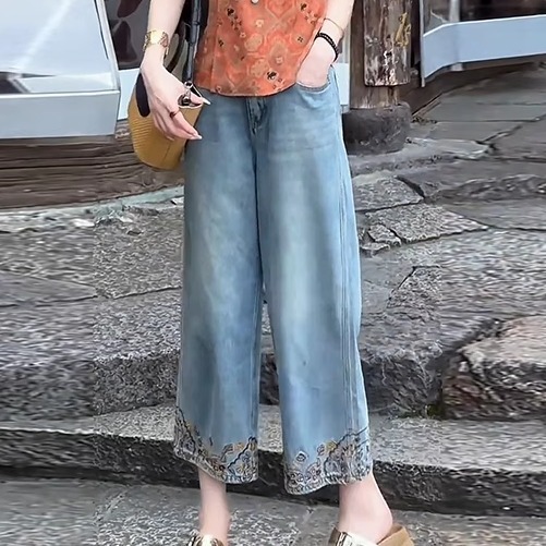 新しい中国風のファッションスーツ女性のための夏の新しいスタイルのスリムボタンシャツジーンズワイドレッグパンツツーピーストレンディセット|undefined
