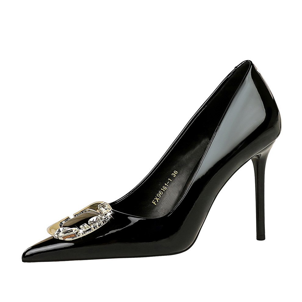 96161-K52 Wind Banquet Water Diamond Belt Buckle Women's Shoes High Heels, Lacquer Leather Shallow Mouth Pointed High Heel Single Shoes