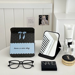 藍色格子蝴蝶結化妝鏡高顏值摺疊鏡台式學生宿舍家用旅遊便攜鏡子