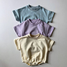 欧美跨境夏季爆款婴童休闲三角包屁衣宝宝短袖纯色哈衣连体衣爬服