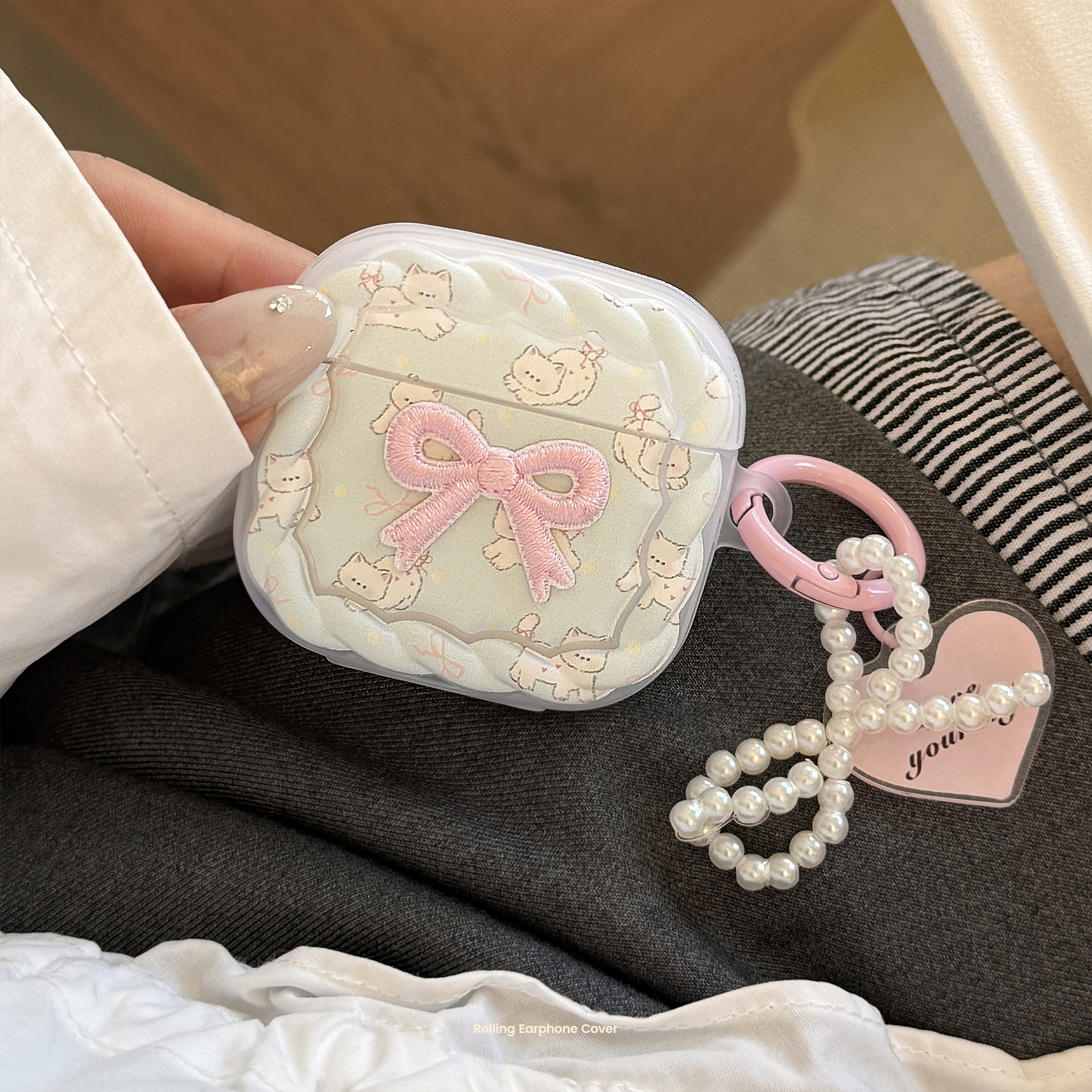 Gato dulce para Apple Airpods4 Pro2 auriculares bluetooth 3 generación colgante de polvo de perla 1 / 2