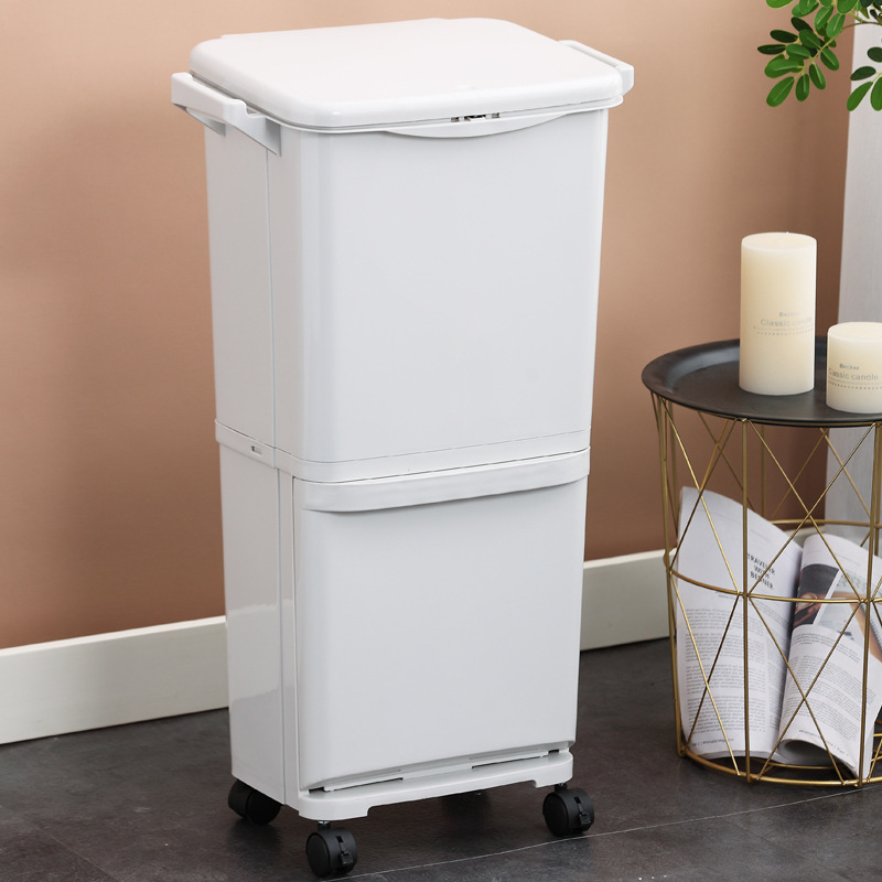 Double-Layer Classified Kitchen Trash Can, Household Vertical Large-Capacity Trash Bin, Japanese-Style Dry and Wet Separation Trash Can with Wheels