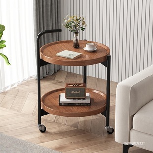 Wheeled Coffee Table Small Table Retro Trolley Home Living Room Sofa Bedside Small Side Table Round Double-Layer Storage Rack