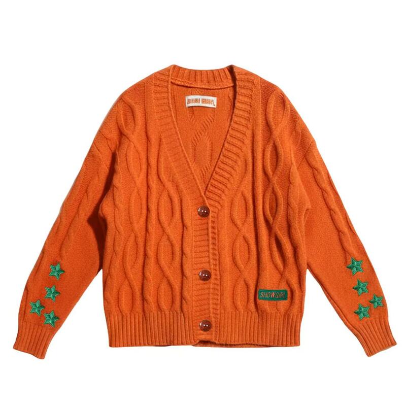 Lazy Style Knitted Cardigan for Women Spring, Autumn and Winter Orange Cardigan Star Jacket Loose New Preppy Style Sweater Outer Wear Lazy Style Knitted Cardigan for Women Spring, Autumn and Winter Orange Cardigan Star Jacket Loose New Preppy Style Sweater Outer Wear