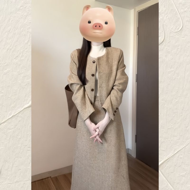 早秋韩系穿搭套装小香风高级感毛呢外套半身裙大方得体穿搭两件套|undefined