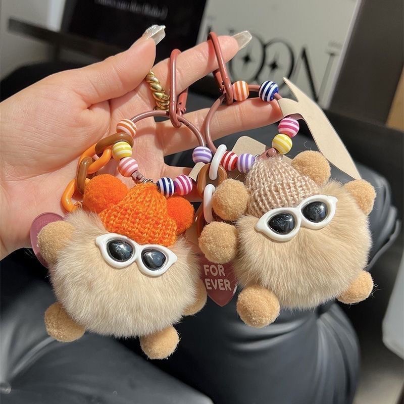 Cute Rex Rabbit Fur Little Coal Ball Car Keychain Pendant For Women Exquisite Internet Celebrity Plush Backpack Hanging_voghion.com