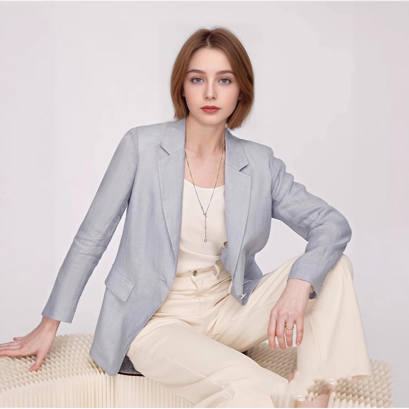 Thin Casual Suit Jacket for Women 2025 Spring and Summer New Style Full Linen Waist Slim Fit Suit Top for Small People