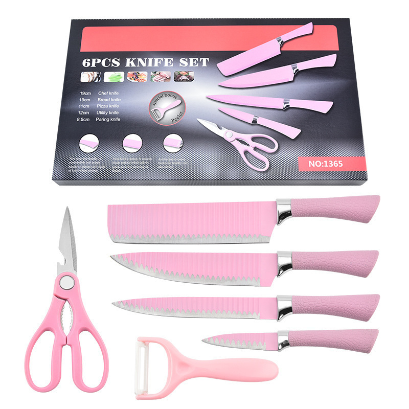 Fábrica transfronteriza mango de herradura Rosa patrón de onda cuchillo de seis piezas cuchillo de cocina de suministro directo cuchillo de pintura de acero inoxidable en stock al por mayor
