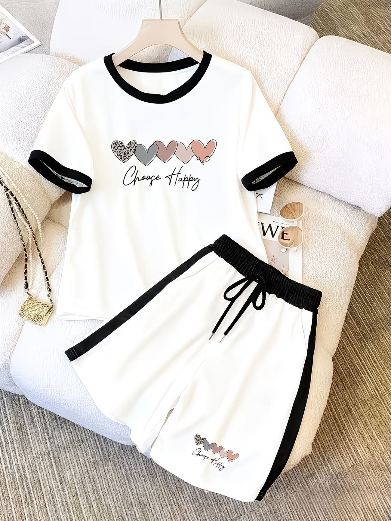 Women's Colour Block Heart Print Shorts Set Summer Short Sleeve_voghion.com