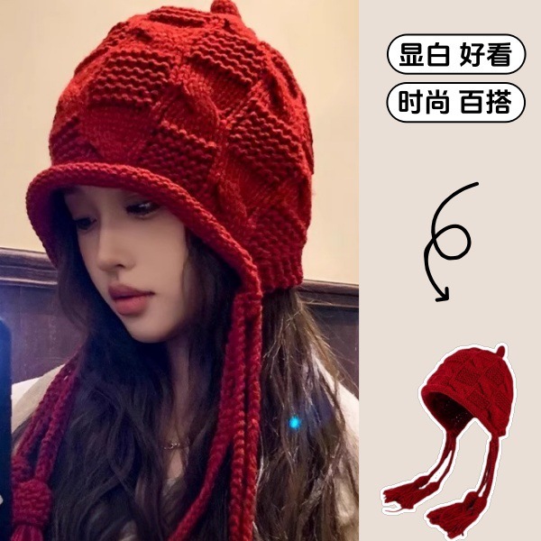 新年红色帽子女秋冬保暖毛线流苏套头帽手工针织护耳帽日系ins|undefined