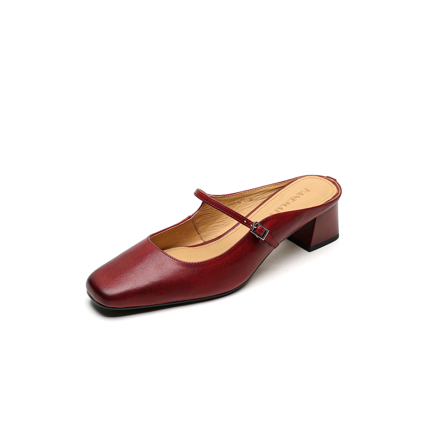 Sandal nữ quai ngang mũi vuông gót 4.5 cm da bò bít mũi hở gót — đen chi tiết 26
