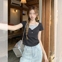 黒水玉模様のデザインストラップ付きフェイクツーピース半袖Tシャツ女性用夏の新しいスタイル超美しいトップ