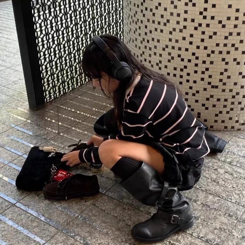 シープスキンバージョン~レトロな色の本革厚底ハイチューブナイトブーツ、太った女性用、大きなチューブウエストブーツ、ワイドチューブブーツ|undefined