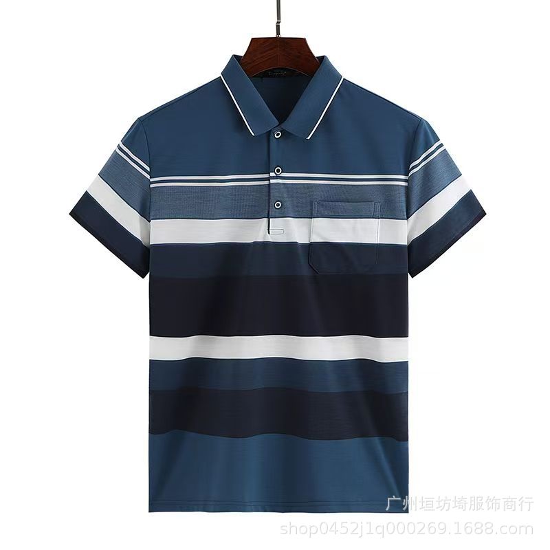 Summer Pure Cotton Men's Short-Sleeve Polo Striped T-Shirt with Pocket and Turn-Down Collar, Casual Moisture-Wicking Top