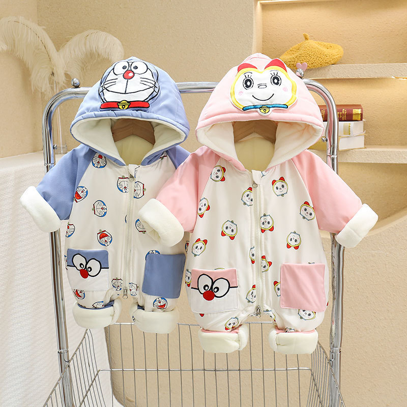 Bebés para hombres y mujeres nuevo invierno más terciopelo engrosado más algodón con capucha mono lindo abrigo bebé recién nacido a prueba de viento