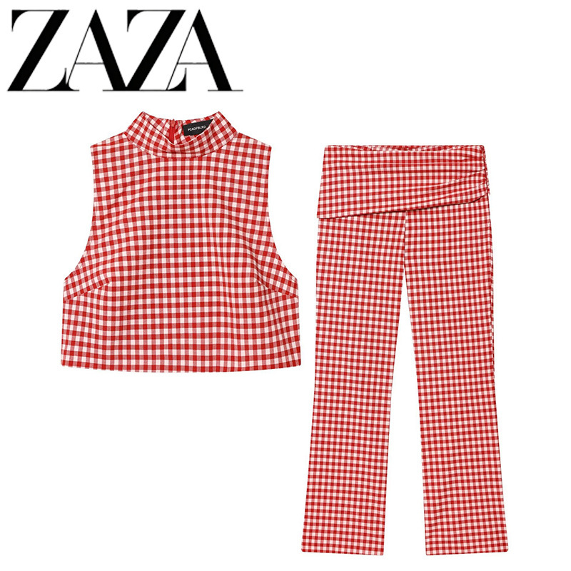 Zaza Self-Made European and American Style Wholesale Women's Clothing Sleeveless High-Neck Plaid Short Top + Small Plaid Capri Pants
