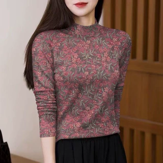 妈妈装加绒加厚半高领碎花长袖打底衫女中老年遮肚显瘦内搭上衣