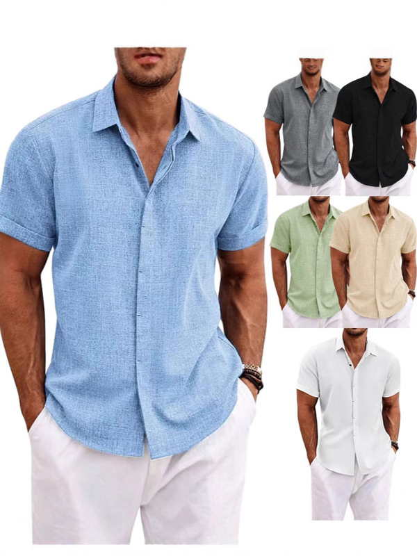 Men's Linen Short-Sleeved T-Shirt Loose Undershirt Pure Color Short-Sleeved Cotton and Linen Shirt Men's Beach Plus Size Men's Short-Sleeved Shirt
