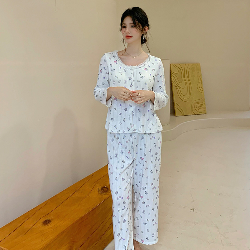 法式新款睡衣女带胸垫柔软舒适莫代尔长袖长裤睡衣套装软糯可外穿|undefined