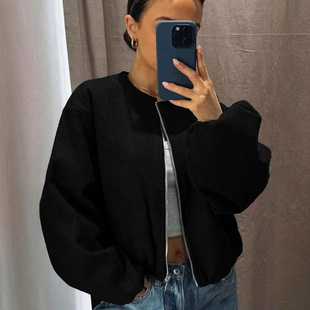Autumn and Winter Women's Baseball Uniform Bomber Jacket Street Style Round Neck Off-Shoulder Lantern Sleeve Zipper Cardigan Jacket